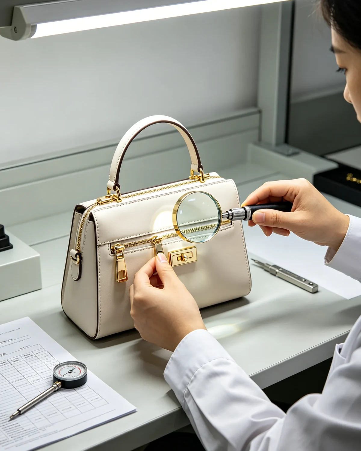 Close inspection of a cream handbag in a quality control setting